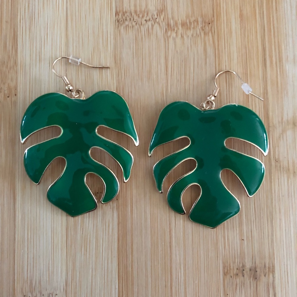 Monstera leaf earrings large enamel earrings.